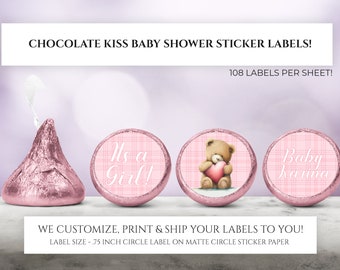 Bedruckte Schokoladen-Kuss-Aufkleber - personalisierte rosa Baby-Dusche-Bevorzugungen, Mädchen-Baby-Dusche, benutzerdefiniertes Candy-Label-Bär-Baby-Dusche