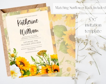 Invitación de boda con girasoles, plantilla de invitación imprimible, invitación de boda personalizada, invitación floral, boda con temática de girasoles