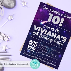 Galaxy Kids Birthday Party Invitation, Editable 5x7 Birthday Invitation, Galaxy Digital Invitation, Purple and Blue Stars, Shooting Stars