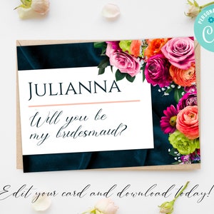 Bridesmaid Proposal Card, Teal with Pink Flowers Proposal, Will You Be My Bridesmaid, Maid Of Honor Card, Digital Download