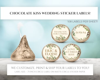 Pegatinas de beso de chocolate impresas - Favores de fiesta de boda de vegetación personalizados, besos de chocolate de boda de hoja verde, decoración de etiquetas de caramelo personalizadas