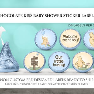 Gedrukte chocoladekusstickers, blauwe Winnie de Pooh-cadeautjes voor babyshower, babyshowerkusjes voor jongen, aangepast snoeplabel vintage Pooh Baby