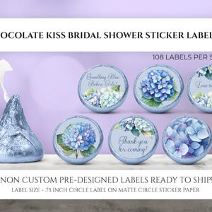Chocolate Kiss Stickers, Something Blue Before I Do, Hydrangea Wedding Favors, Hydrangea Bridal Shower, Candy Labels Blue Hydrangea Wedding