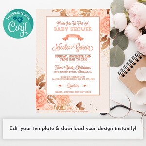 Baby Shower editable baby shower invitation corjl.com Invitation - Digital Download - DIY Instant download - Floral Rose Gold - Gold Glitter