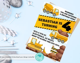 Construction Birthday Invitations, Editable Construction Invitation, Dump Truck Boys Party Invite, Printable 5x7 Template Digital Download