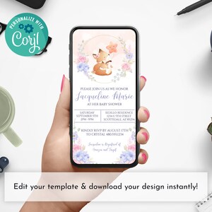 May include: A smartphone displays a baby shower invitation with a fox illustration holding a star. The invitation includes details for Jacqueline Marie's baby shower, with a floral design in pink and blue. Text reads "Edit your template & download your design instantly!"