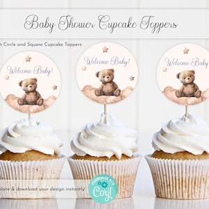 Bearbeitbare Teddybär-Babyparty-Cupcake-Topper-Vorlagen, Cupcake Toppers, Sterne und Bären-Thema Babypartyvorlage Sofortiger Download