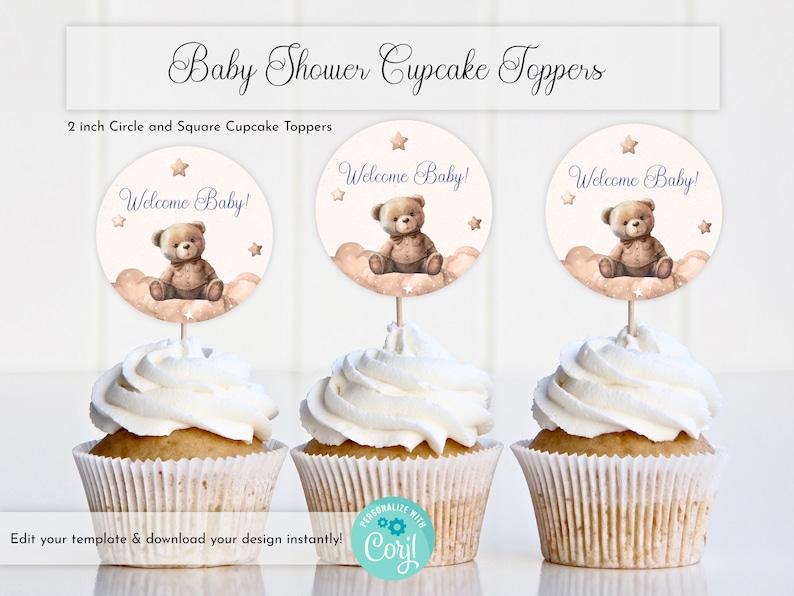 Editable Teddy Bear Baby Shower Cupcake Topper Templates Etsy