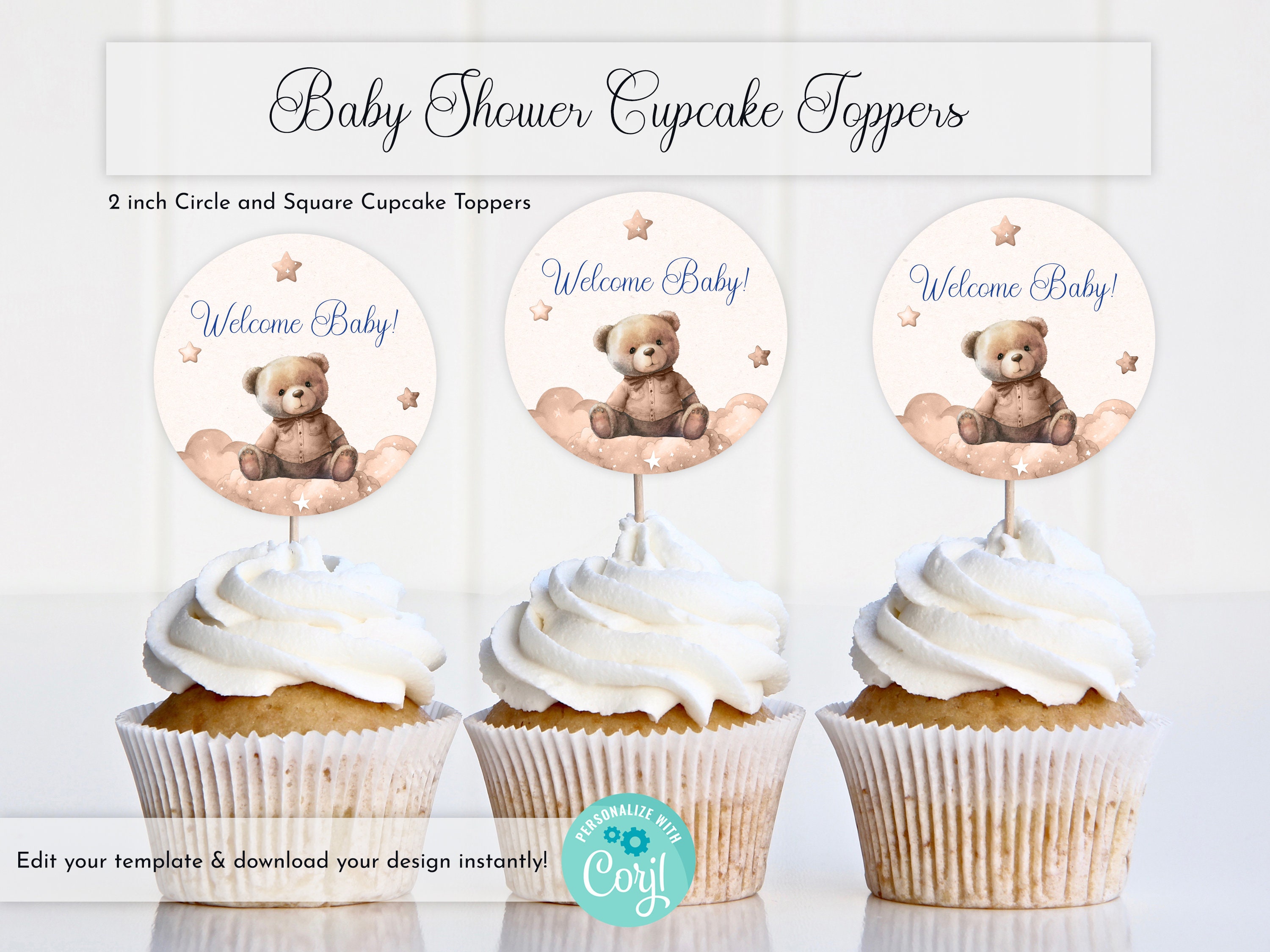 Editable Teddy Bear Baby Shower Cupcake Topper Templates, Cupcake ...