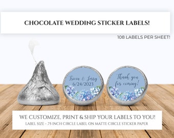 Printed Chocolate Kiss Stickers - Personalized Hydrangea Wedding Favors, Hydrangea Bridal Shower, Custom Candy Label Blue Hydrangea Wedding