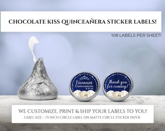 Printed Chocolate Kiss Stickers - Personalized Crown Quinceañera Party Favors, Mis Quince Chocolate Kisses, Custom Candy Label Party Decor
