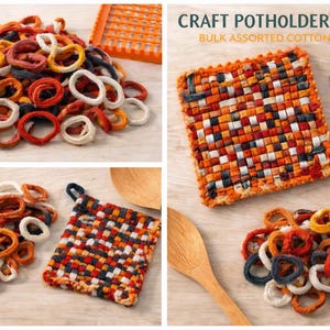 May include: A collage of images showcasing craft potholder loops in various colors. The loops are in shades of red, orange, white, and navy blue. A woven potholder is also shown, along with wooden spoons and a plastic weaving grid.