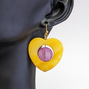 Handmade Yellow Heart Mother of Pearl Dangle Earrings
