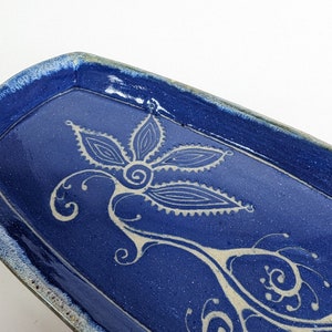Handmade Sgraffito Ceramic Plate: Cobalt Blue Floral Design