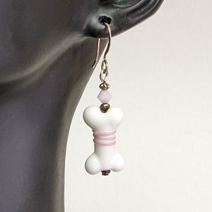 Lampwork Dog Bone Earrings: Handmade Glass Jewelry with Swarovski Crystal