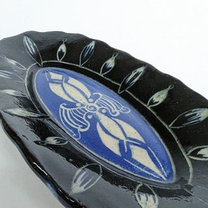 Hand Carved Sgraffito Ceramic Plate: Black & Cobalt Blue Pottery