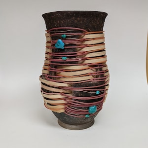 Handmade Raku Vase: Woven Ceramic Pottery with Turquoise