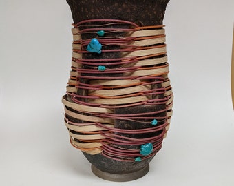 Raku vase, woven vase, ceramic vase, vase, sculptural vase, handmade vase, raku, weaving, howlite, turquoise, pottery, handmade pottery