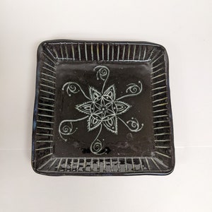 Handmade Sgraffito Ceramic Plate: Black Floral Pottery