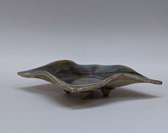 Handmade Wavy Ceramic Plate: Brown & Blue Glaze, 7" Square