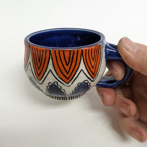 Handmade Ceramic Coffee Mug: Mishima Inlay, Cobalt Blue Interior
