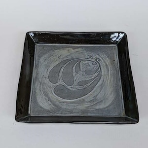 Hand Built Sgraffito Ceramic Plate: White & Black Pottery
