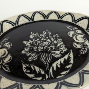 Handmade Sgraffito Ceramic Plate: Floral Carved Pottery