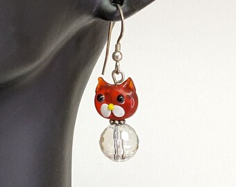 Glass cat earrings, strawberry cat earrings, millefiori cat earrings, red cat earrings, lampwork earrings, cat earrings, earrings