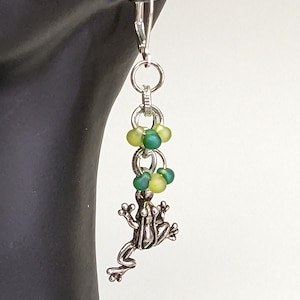 Handmade Frog Dangle Earrings: Sterling Silver, Frosted Glass Beads