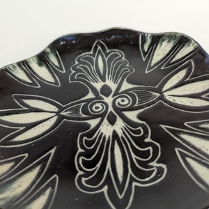 Hand Carved Sgraffito Ceramic Plate: Doodle Design, Black Underglaze