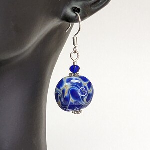 Handmade Lampwork Glass Bead Earrings: Blue Swarovski Crystal, .925 Silver