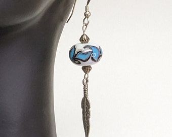 Lampwork Glass Bead Drop Earrings: Handmade Feather Dangle, .925 Silver Hooks