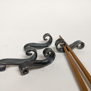 Handmade Ceramic Chopstick Rest Set: Silvery Blue Black Porcelain