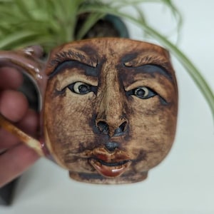 Handmade Ceramic Face Mug: Iron Oxide Glaze, 6 oz