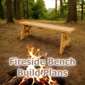 May include: A wooden bench with a rustic design, perfect for sitting around a campfire. The bench is made of natural wood and has a simple, sturdy construction. The image also includes a campfire with flames.