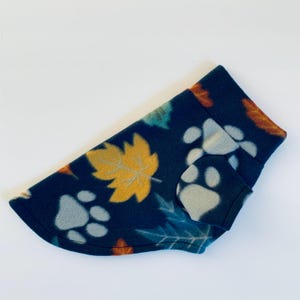 Handmade Fleece Dog Sweater: Fall Leaves & Paws Print