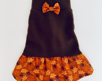 Handmade Dachshund Length Dark Brown Fleece Dress with Fall-Themed Acorn Skirt  for dogs