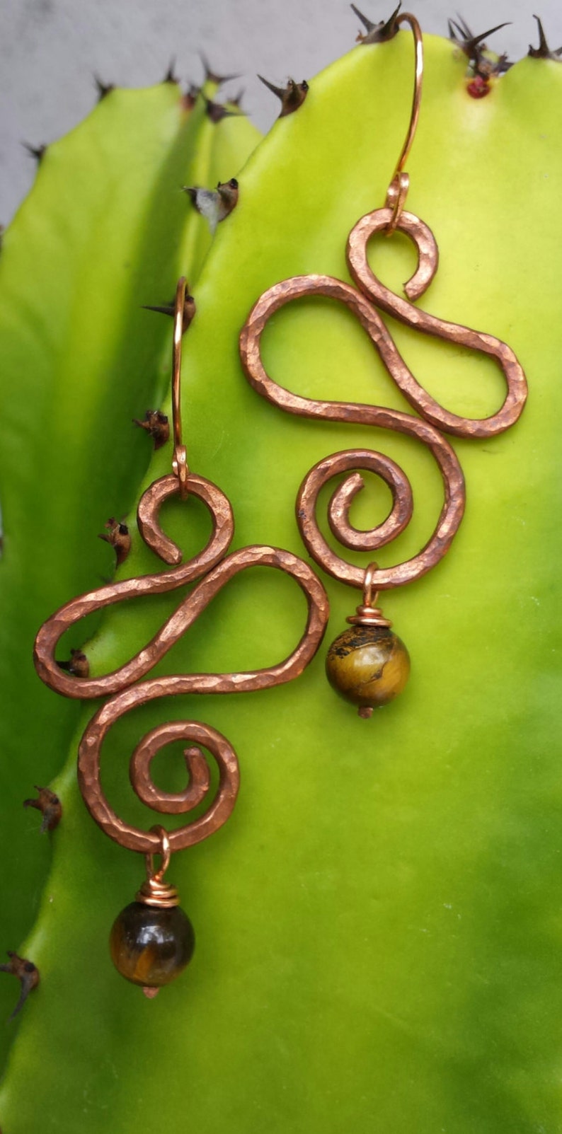 Hammered copper swirl earrings with a dangling gold Etsy