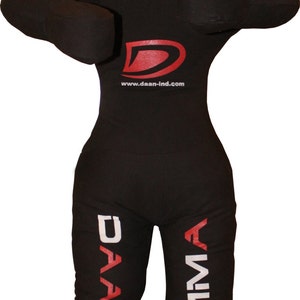 May include: Black freestanding training dummy with red and white target on the head, red D logo on the chest, and white text "DAAN" and "MMA" on the legs.