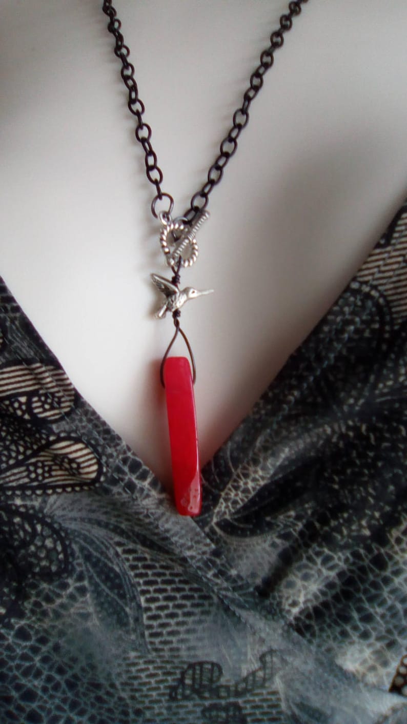 Lariat necklace in oxidized black with a watermelon crystal and little pewter hummingbird including silver lariat components