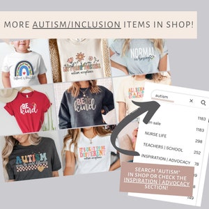 Op de afbeelding: Een collage van T-shirts met verschillende ontwerpen die autisme-acceptatie en inclusie bevorderen. De ontwerpen bevatten zinnen als "Let's Grow Together", "It's Okay to Be Different", "Be Kind" en "Autism Sees the World Differently". De afbeelding toont ook een screenshot van een zoekbalk met het woord "autisme" ingevoerd, wat suggereert dat er gezocht wordt naar autisme-gerelateerde artikelen.