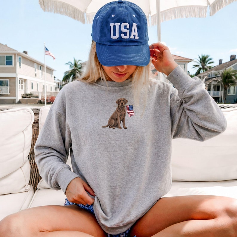 May include: A gray sweatshirt featuring a brown dog holding an American flag. The dog is embroidered on the front. A blue cap with "USA" in white lettering is also visible.