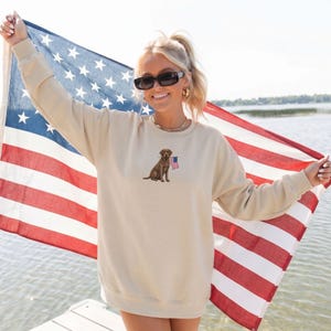 May include: Beige sweatshirt featuring an embroidered brown dog holding a small American flag. The background includes an American flag and a body of water.