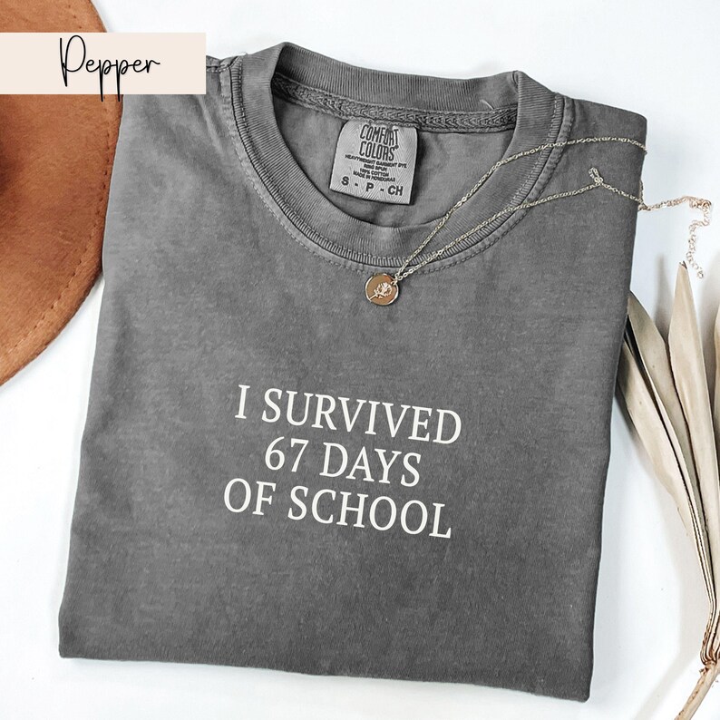 May include: A gray Comfort Colors t-shirt with the text "I SURVIVED 67 DAYS OF SCHOOL" in white. A gold-colored necklace with a pendant is draped on the shirt. The shirt is folded and displayed with a brown hat and dried plants.