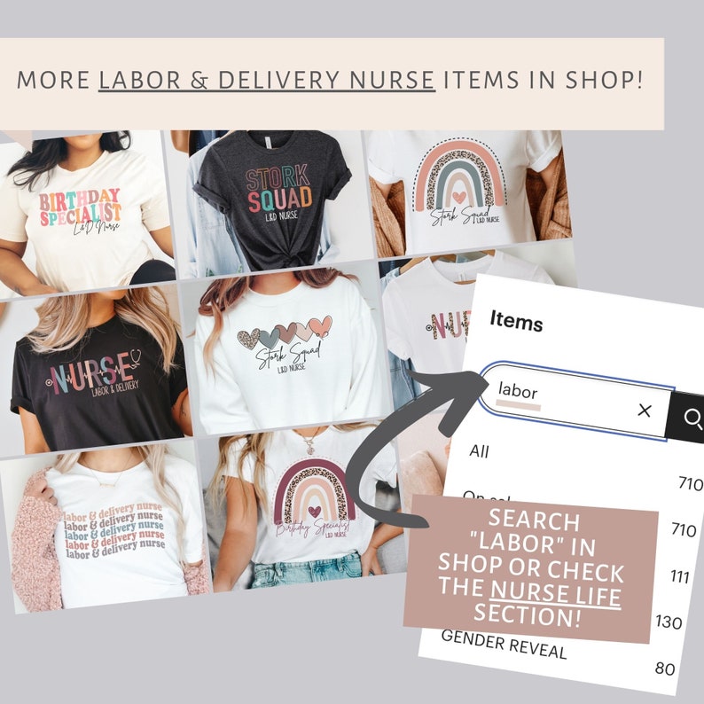 Op de afbeelding: Een screenshot van een website met een zoekbalk die "arbeid" zegt en een lijst met items die betrekking hebben op verloskundigen en kraamverzorgsters. De items omvatten T-shirts met ontwerpen zoals "Stork Squad" en "Verjaardagsspecialist".