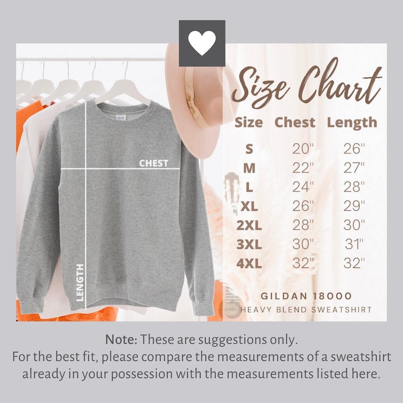 May include: A size chart for a Gildan 18000 heavy blend sweatshirt. The chart shows the chest and length measurements in inches for sizes S through 4XL.