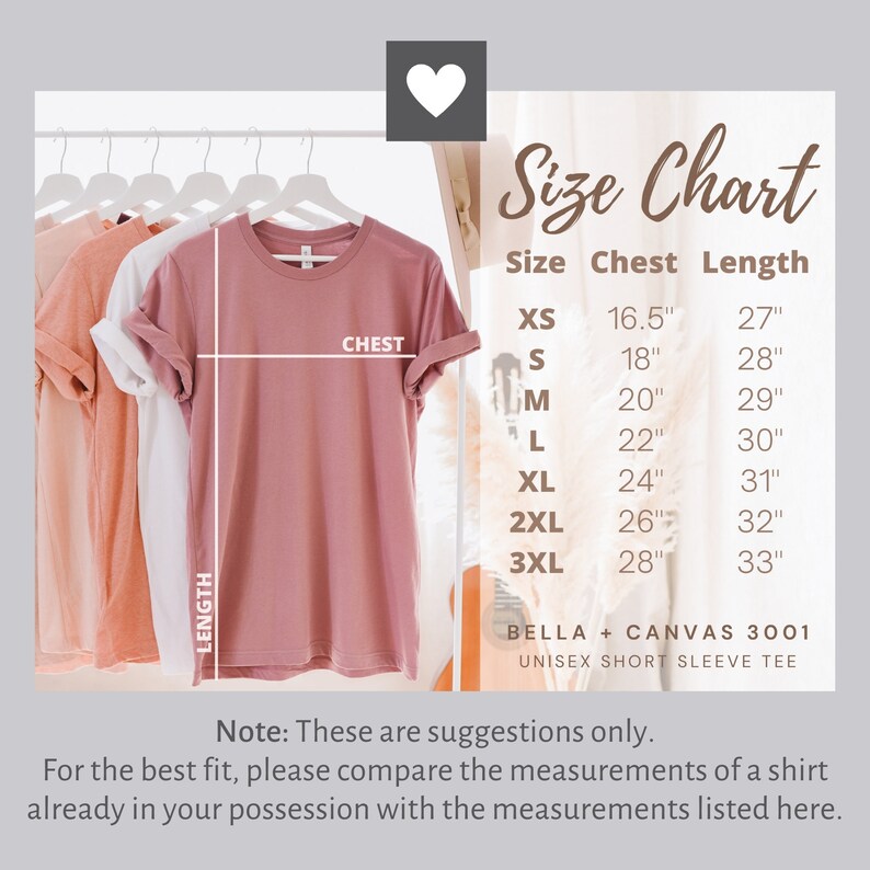 Pu&ograve; includere: Tabella delle taglie per una t-shirt unisex a maniche corte, che mostra le misure del torace e della lunghezza in pollici per le taglie XS a 3XL. La tabella &egrave; etichettata "Bella + Canvas 3001".
