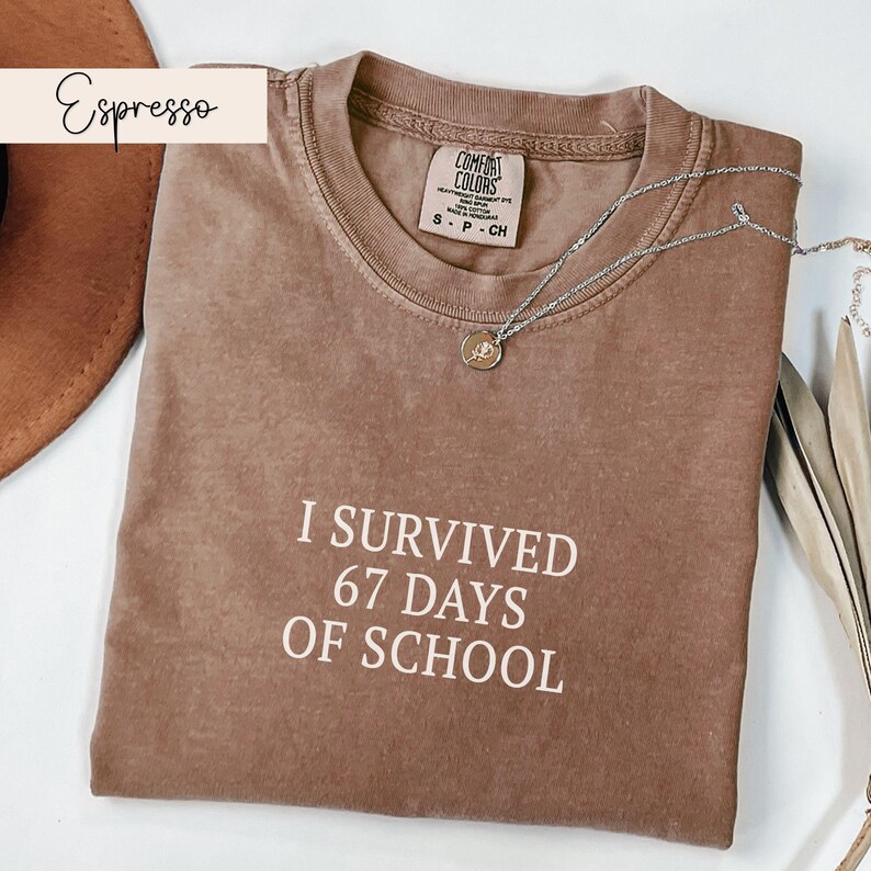 May include: Espresso-colored t-shirt with the text "I SURVIVED 67 DAYS OF SCHOOL" in white. The shirt has a crew neck and short sleeves. A silver necklace with a pendant is draped across the shirt.