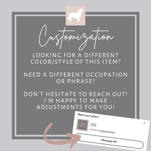 May include: A gray graphic with the word "Customization" in script. Text below asks about different colors, styles, occupations, or phrases. A seller profile shows "Alli, Owner of JaxGraphicTees."