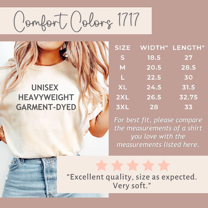 Op de afbeelding: Cr&egrave;me unisex zwaar geverfd T-shirt. De afbeelding bevat afmetingen in cm voor de maten S t/m 3XL. Tekst op het shirt luidt "Comfort Colors 1717" en "UNISEX HEAVYWEIGHT GARMENT-DYED". Een klantbeoordeling luidt "Uitstekende kwaliteit, maat zoals verwacht. Zeer zacht."